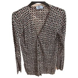 Prada Seiden-Cardigan mit geometrischem Muster Schwarz Weiß Rot