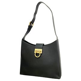 Bolsa de Ombro em Couro Gancini Salvatore Ferragamo Preto