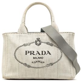 Prada Small Denim Canapa Logo Tote Grau Braun Grau