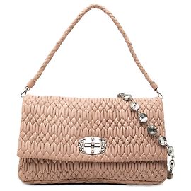 Bolsa Satchel Miu Miu em Nappa Matelassé Castanho com Corrente de Cristal Marrom Carne