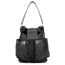Fendi FF Jacquard Leather Drawstring Backpack Black