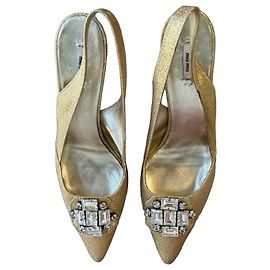 Miu Miu Embellished Glitter Slingback Heels Gold Golden