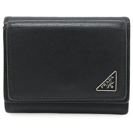 Prada Triangle Logo Saffiano Leather Trifold Wallet Black