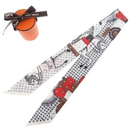Hermès Hermes Twilly Cloute Cavalier en Forme Scarf Borchiato Marrone Bianco