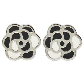 Chanel Camellia Clip-Ohrringe Schwarz Silber