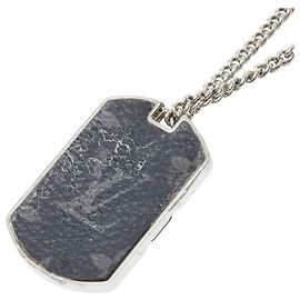 Louis Vuitton Monogram Eclipse Collier Plaque Chain Necklace Argento