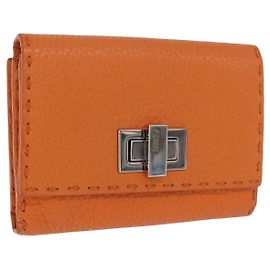 FENDI Celeria Wallet Leather Orange Silver Auth 194243A Silvery Orange