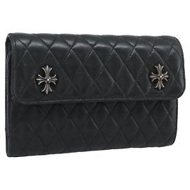 Chrome Hearts Wave4 3-Snap Quilted Long Wallet Leather Black Auth 193427SM Noir Argenté