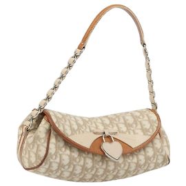 Borsa a catena Romantic Christian Dior Trotter Canvas PVC Beige Silver Auth 191980V Argento Beige