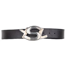 Saint Laurent Cinto de couro YSL Rive Gauche by Tom Ford anos 2000 com fivela de logotipo ‘Propaganda’ Preto