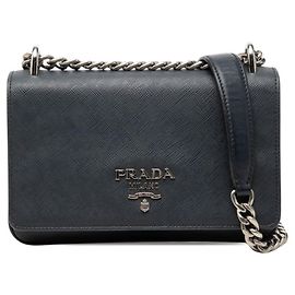 Bolsa de Ombro com Corrente Prada em Couro Saffiano Navy Azul marinho