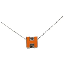 Hermès Collier pendentif Hermes Cage d'H H-Cube Argenté Orange