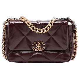 Borsa Chanel 19 Flap Bag Medium in pelle lucida Marrone Bordò Cioccolato Marrone scuro