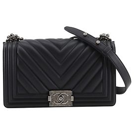 Chanel Black Old Medium Chevron Calfskin Boy Flap Noir