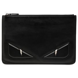 Clutch Monster con zip in pelle nera Fendi Nero