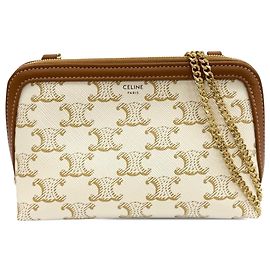 Céline Celine White Triomphe Coated Canvas Clutch On Chain White