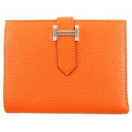Hermès BEAN Compact Leather Bifold Wallet Orange