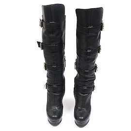 Fendi Botas longas femininas de plataforma com fivela em couro preto, acima do joelho Preto