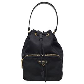 Prada Black Re-Nylon Triangle Logo Gold-Plated Duet Bucket Bag Black