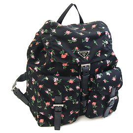 Prada Rucksack mit Blumenmuster Schwarz Pink Weiß