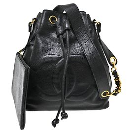 Chanel Vintage CC Drawstring Chain Leather Small Nero