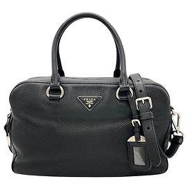 Prada PRADA Logo Handbag 2-Way Leather Black Mini Boston Bag for Women Black