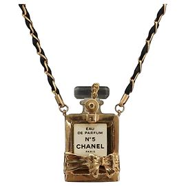 Collier Parfum CHANEL Métal Doré Noir CC Auth bs36541 Noir Autre