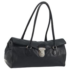 Bolsa de Ombro PRADA em Couro Preta Prata Auth 195224V Preto Prata