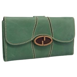 GUCCI Long Wallet Leather Green Gold Auth 197116A Golden Green
