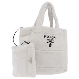 PRADA Tote Bag Fur White Silver Auth 197109SAM Silvery White