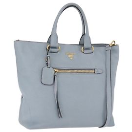 PRADA Tote Bag Leather 2way Light Blue Gold Auth 192481A Golden Light blue