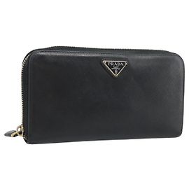PRADA Long Wallet Leather Black Gold Auth bs36759 Black Golden