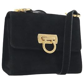 Borsa a tracolla Salvatore Ferragamo Gancini in camoscio nero e oro Auth 194354A Nero D'oro