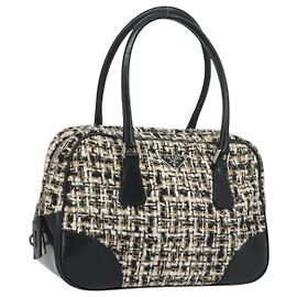 Sac Boston PRADA Tweed Noir Argent Auth 195598V Noir Argenté
