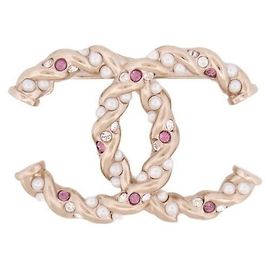 Broche Chanel Double CC Dorée Cristaux et Perles Doré
