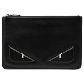 Fendi Monster Zip-Clutch aus schwarzem Leder Schwarz