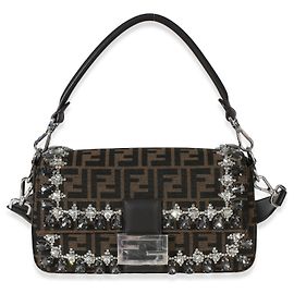 Borsa Baguette Fendi marrone in jacquard FF con strass e cristalli Marrone