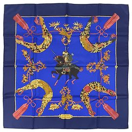 Hermès Lenço de seda Hermes Carre 90 Samourai Azul Multicor