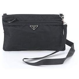 Prada Tessuto Nylon Triangle Logo Leather Shoulder Bag Black