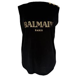 Top sin mangas Balmain Gold Logo en algodón negro Negro