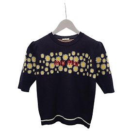 Miu Miu Kurzärmeliger Strickpullover in Navy mit Intarsia-Gänseblümchen Blau