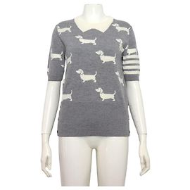 Thom Browne Grau Puppy Besticktes Kurzarm Strick-T-Shirt für Damen Braun
