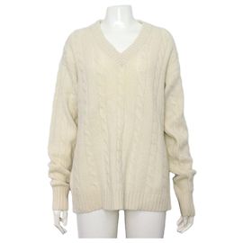 Miu Miu V-Ausschnitt Damen-T-Shirt aus Kaschmir im Zopfstrick, Creme Weiß