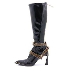 Fendi Botas longas para mulher em couro envernizado preto com tira FF Logo Preto