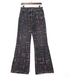 Chanel Multicolor CC Logo Printed Women's Denim Pants Black