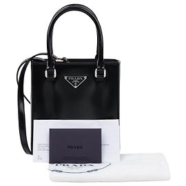 Prada Triangle Logo Small Brushed Leather Tote Bag Black Black
