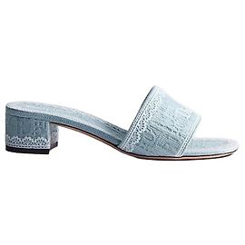 Dior Zuecos de tacón Dantel Sky Blue Bordado Oblique Algodón Encaje Blanco Azul