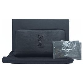 Saint Laurent Cassandre Crocodile Embossed Zipper Around Wallet Unisex Black