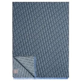 Dior Sciarpa Oblique Blue Cotton Wool Silk Blu