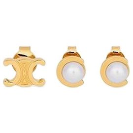 Céline Conjunto de brincos de pérola, pérolas de resina, latão com acabamento dourado, ouro marfim Branco